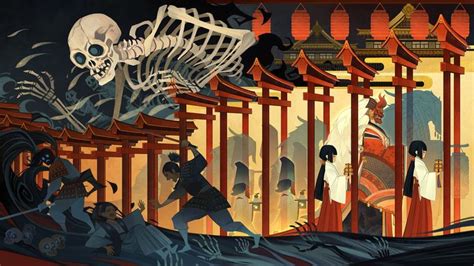 Asia Artwork Fantasy Art Skull Bones Skeleton Ukiyo E 1080P