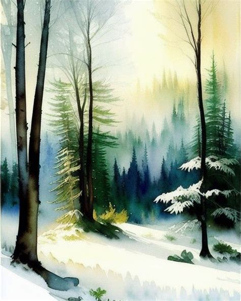 Soft Watercolour Landscape Winter Trees