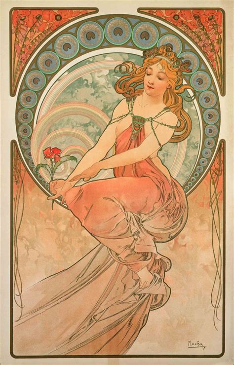 An Art Nouveau Painting With A Woman Holding A Flower