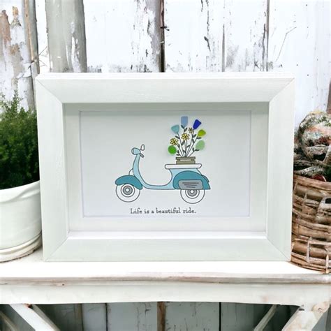 Sea Glass Art Gift Unique Vespa Moped Seaglass Present For Birthday