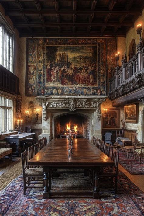 An Ornate Dining Room With Fireplace And Tapestry On The Wall