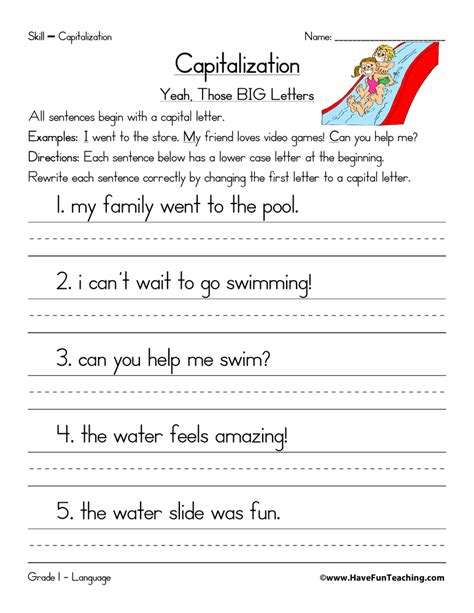 Capitalization Worksheet First Grade