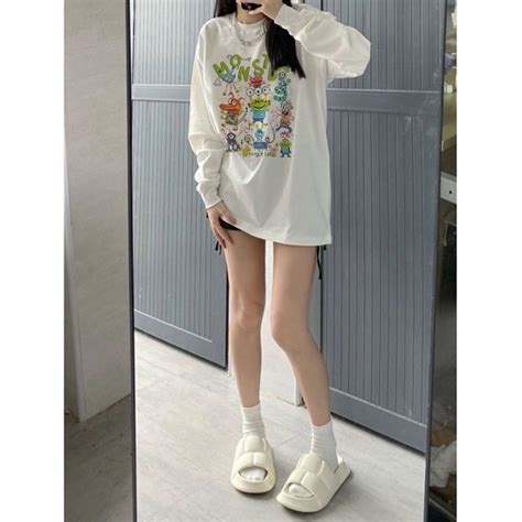 Jual Eunii Korean Style Kaos Oversize Lengan Panjang Wanita Pola