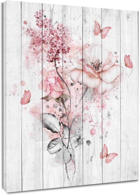 Aatoeax Aesthetic Floral Wall Art Pink Flower With Butterfly Canvas