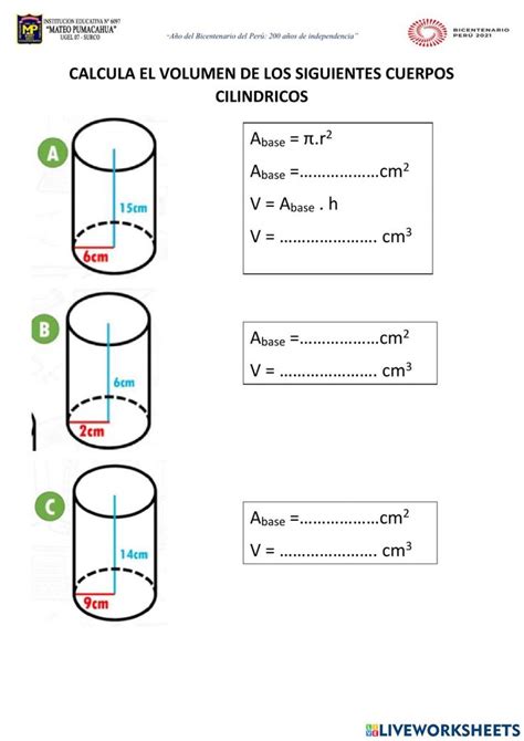 Volumen De Un Cilindro Interactive Worksheet Online Activities
