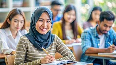 happy indonesian female student attending class  university