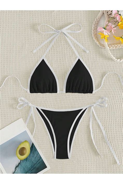 WEEST MODA Siyah Bikini Halter Kıvrılmış Kenar Detaylı Askılı Bikini