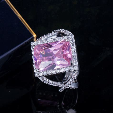 Pink Cubic Zirconia Crystal CZ Big Square Cut Finger Ring White Gold