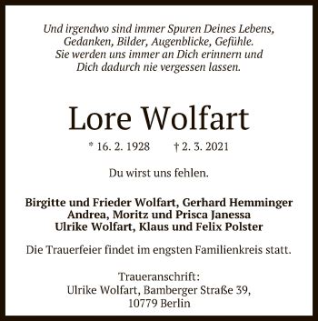 Traueranzeigen Von Lore Wolfart Trauer Gea De