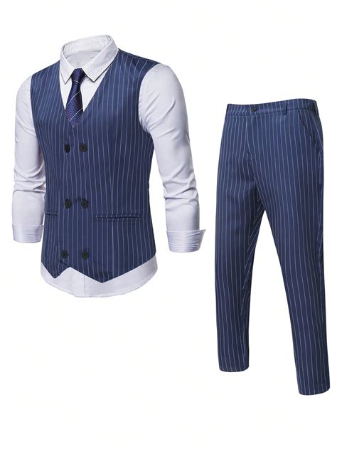 Manfinity Mode Men 1pc Striped Double Breasted Waistcoat And 1pc Suit Pants Shein Usa