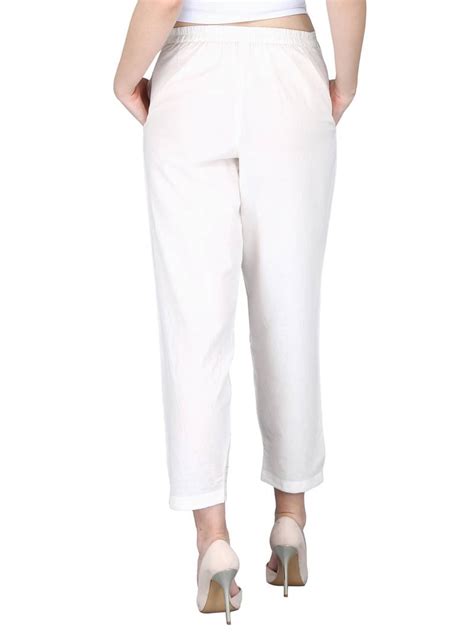 White Pure Cotton Plain Pants With Embrodiery At Ankle Maaesa 3173533