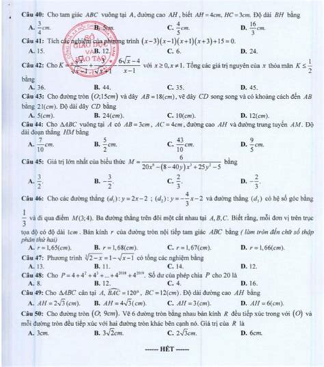 Đề Minh Họa Môn Toán Kì Thi Vào Lớp 10 Năm Học 2020 2021 50 Câu Trắc Nghiệm Toán Học Việt Nam