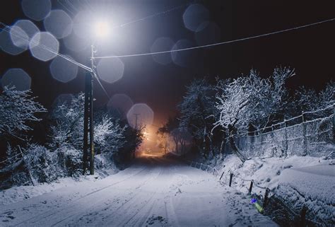 Road Filled With Snow During Night Time Hd Wallpaper Wallpaper Flare