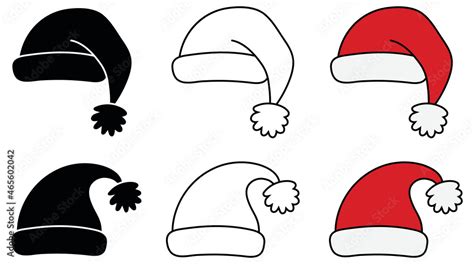 Santa Hat Clipart Set - Outline, Silhouette and Color Stock Vector | Adobe Stock