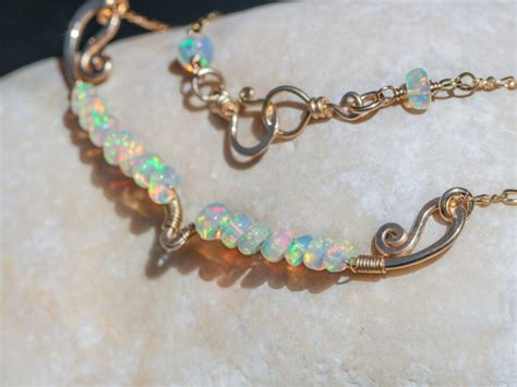 Solid 14k Gold Ethiopian Opal Necklace Geometric Bar Design