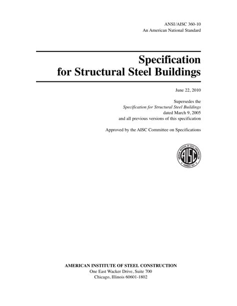 Specification For Structural Steel Buildings Ansi Aisc 360 10