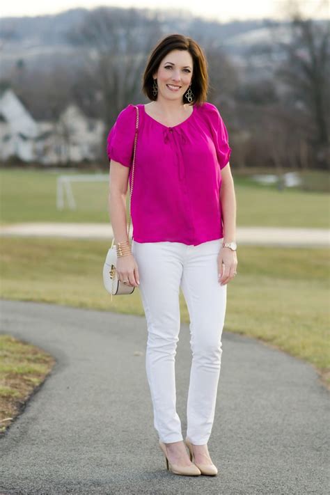 Spring Date Night Outfit Pink Blouse White Jeans And Pumps Jo Lynne Shane