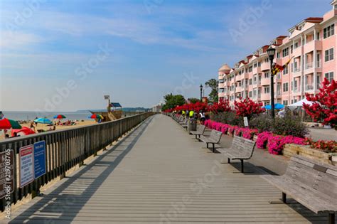 North Beach Maryland Boardwalk with annuals in Full Bloom Stock Photo ...