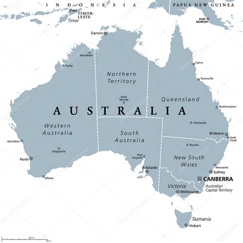 Australia Mapa Pol Tico Gris Con Capital Canberra Fronteras