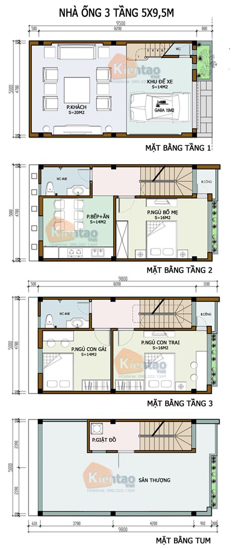 Mẫu thiết kế nhà ống 3 tầng 5x9,5m cực đẹp 2020 (Bản vẽ + Nội thất)