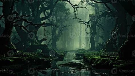 Fantasy Dark Forest With Fog And Water Stream Ai Generated 30472416