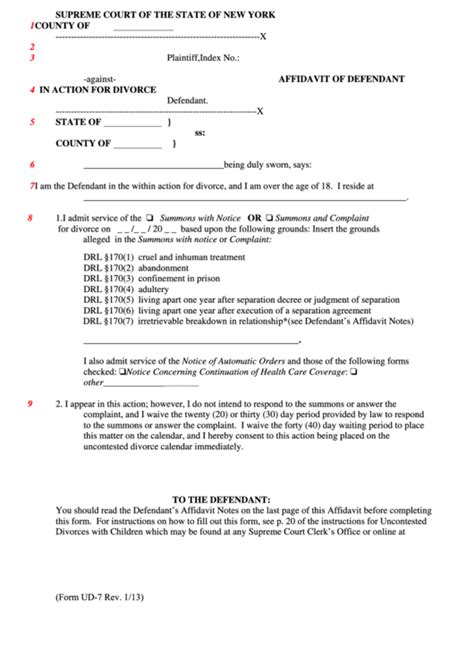 Affidavit Of Defendant In Action For Divorce Printable Pdf Download