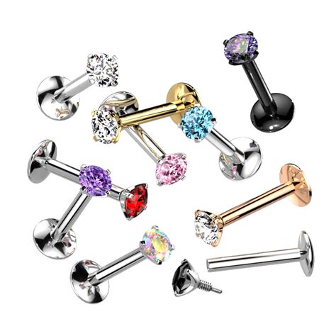 Titanium Internally Threaded Labret With Prong Set Cz Extended Thread Top The Body Jewellery Store