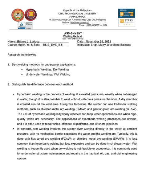 Assignment Welding 2 5 Lariosa Republic Of The Philippines Cebu Technological University Main