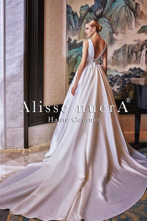 Simple Boat Neck Satin Pleated Wedding Dress with Long Train - Alisse