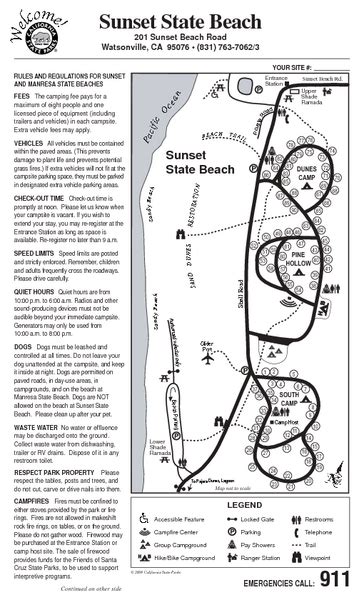 Sunset State Beach Campground Map - 201 Sunset Beach Rd Watsonville CA ...