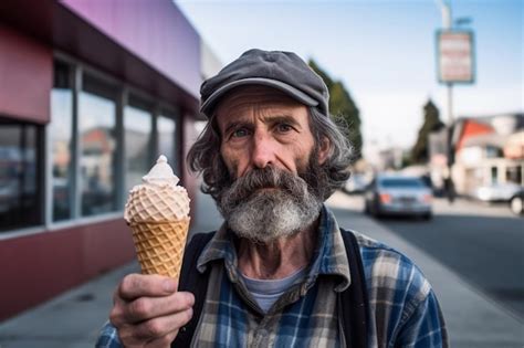 Premium Ai Image A Poor Man With A Hat And A Hat Holds An Ice Cream Cone