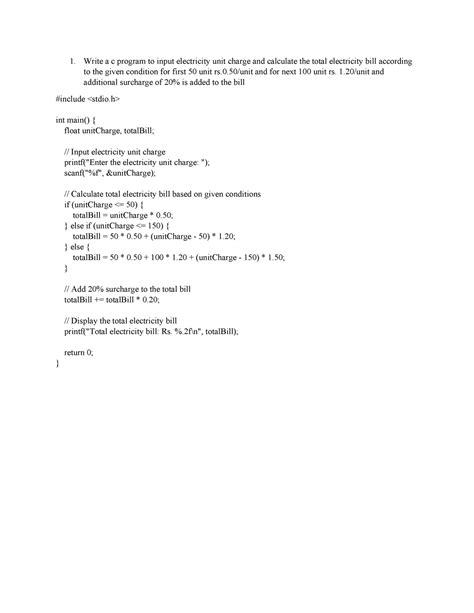 C Programming Practical Write A C Program To Input Electricity Unit Charge And Calculate The