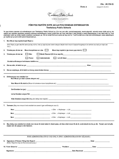 Fillable Online Bullying Report Form Creole Fax Email Print Pdffiller