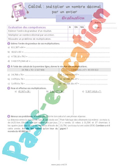 Multiplier un nombre décimal par un entier Évaluation de calcul pour