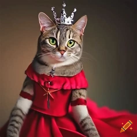 Beautiful tabby female cat princess dressed wearing red dress and a ...