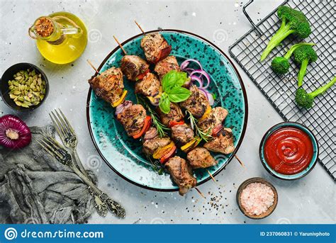 Kebabs Grilled Meat Skewers Shish Kebab With Vegetables On A Plate