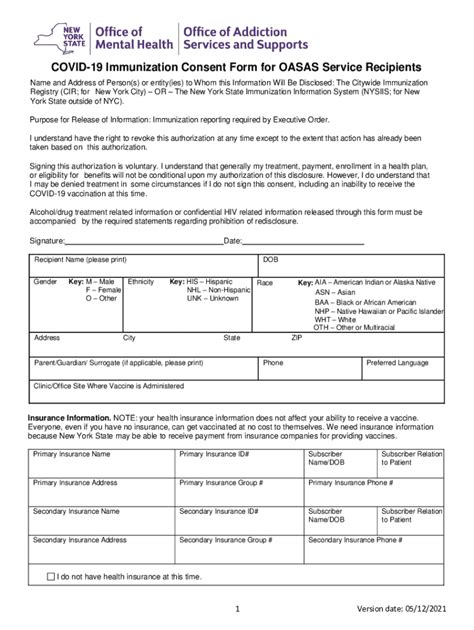 Fillable Online Oasas Ny Covid Immunization Consent Form For Oasas