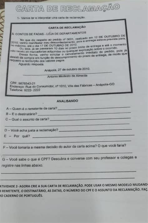 Carta De Reclamação Brainly - CARTA DE RECLAMAÇÃO 1- Vamos ler e interpretar uma carta de reclamação ...