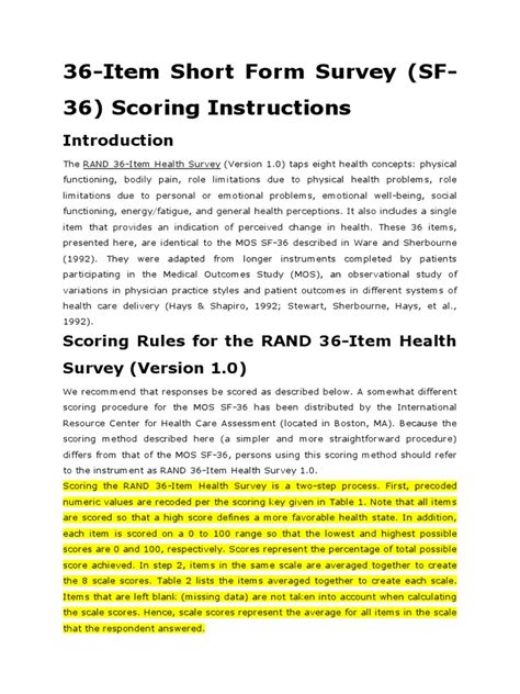 36 Item Short Form Survey Sf 36 Scoring Instructions Download Free