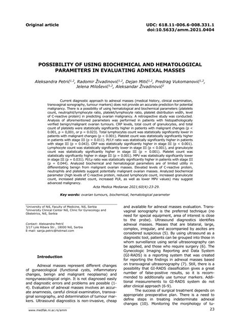 Pdf Possibility Of Using Biochemical And Hematological Parameters In