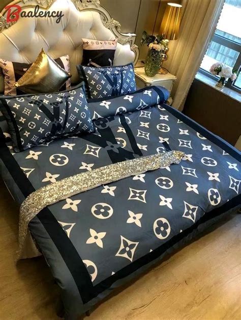 Louis Vuitton Blue And Black Logo Brand Bedding Sets Bedspread Duvet Cover Set Bedroom Decor