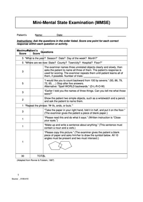 Printable Mini Mental Status Exam Form Printable Forms Free Online