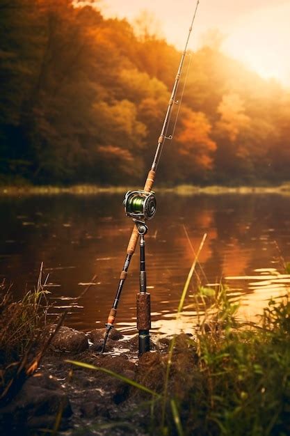 Premium AI Image | Fishing fishing rod on the background of the river Generative AI