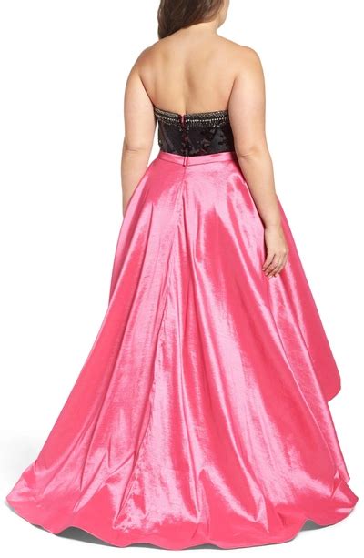 Mac Duggal Embellished Lace And Taffeta Strapless High Low Gown In Hot