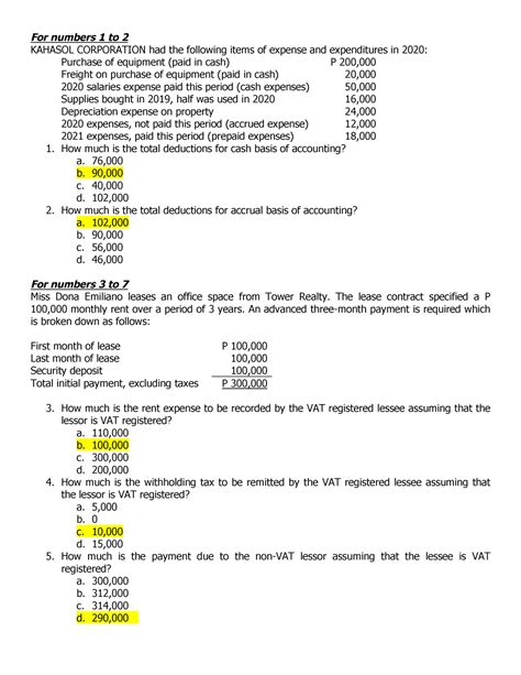 Prelim Answer Key Tax For Numbers To Kahasol Corporation Had