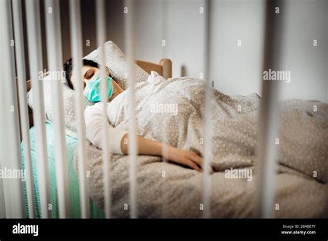 Infected Woman With Mask In Mobile Quarantine Hospital Units Isolation