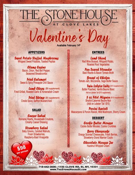 Valentines Day Menu The Stone House At Clove Lakes The Stone House