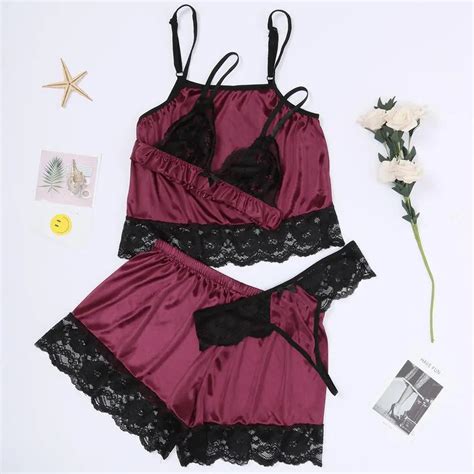 Sexy Floral Lace Cami Lingerie Conjunto Borgonha Mulheres Sutiã E