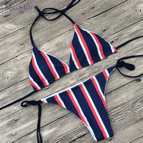 Bandage Swimwear Women Navy Blue Striped Halter Swimsuit Bikini