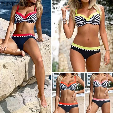 Thinkthendo Bikinis Sexy Women Bathing Suit Stripe Printing Bikini